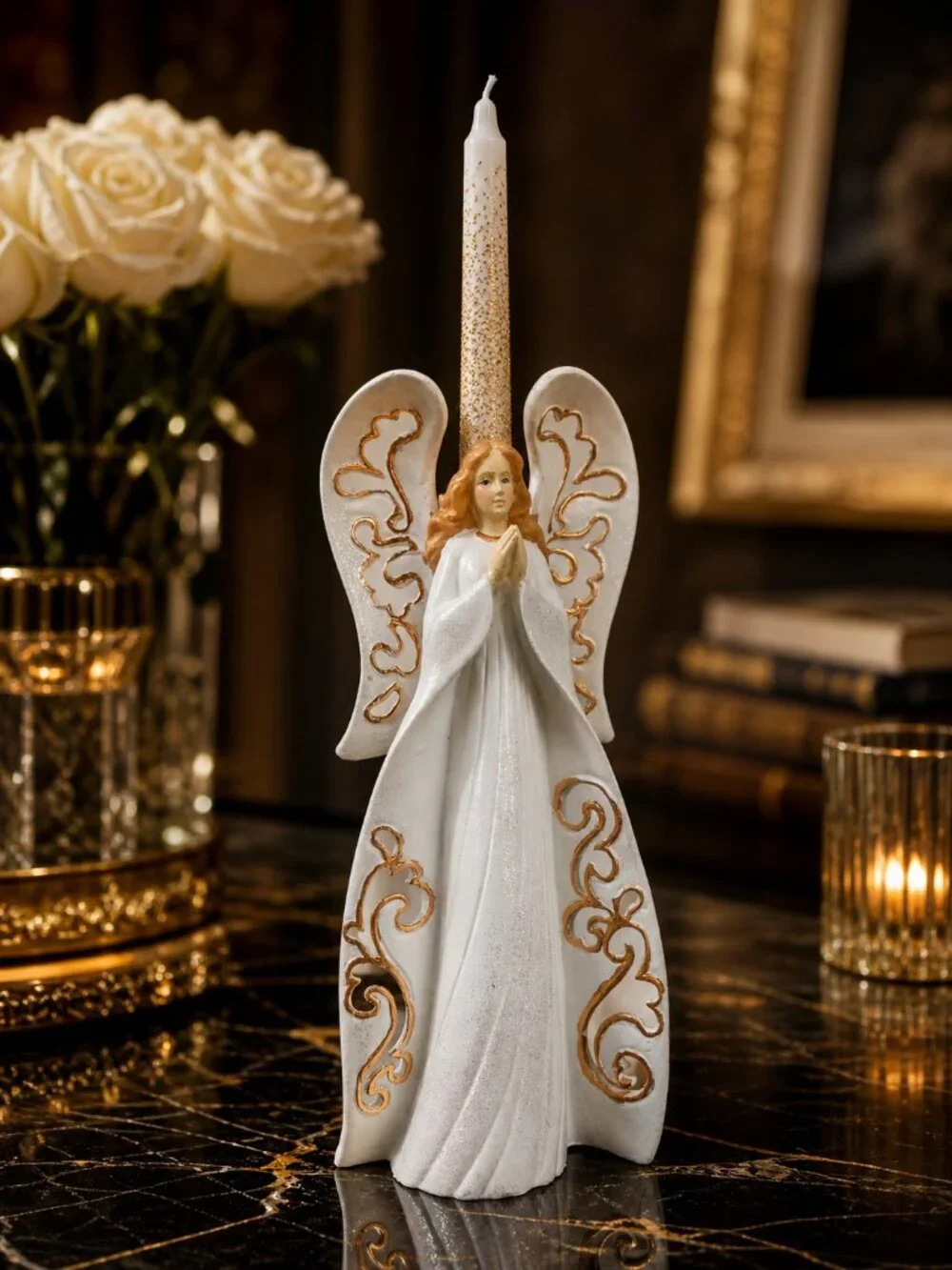 Jaimy WMG Angel Taper Candle Holder 11” White Gold Filigree NWOT Celestial Decor